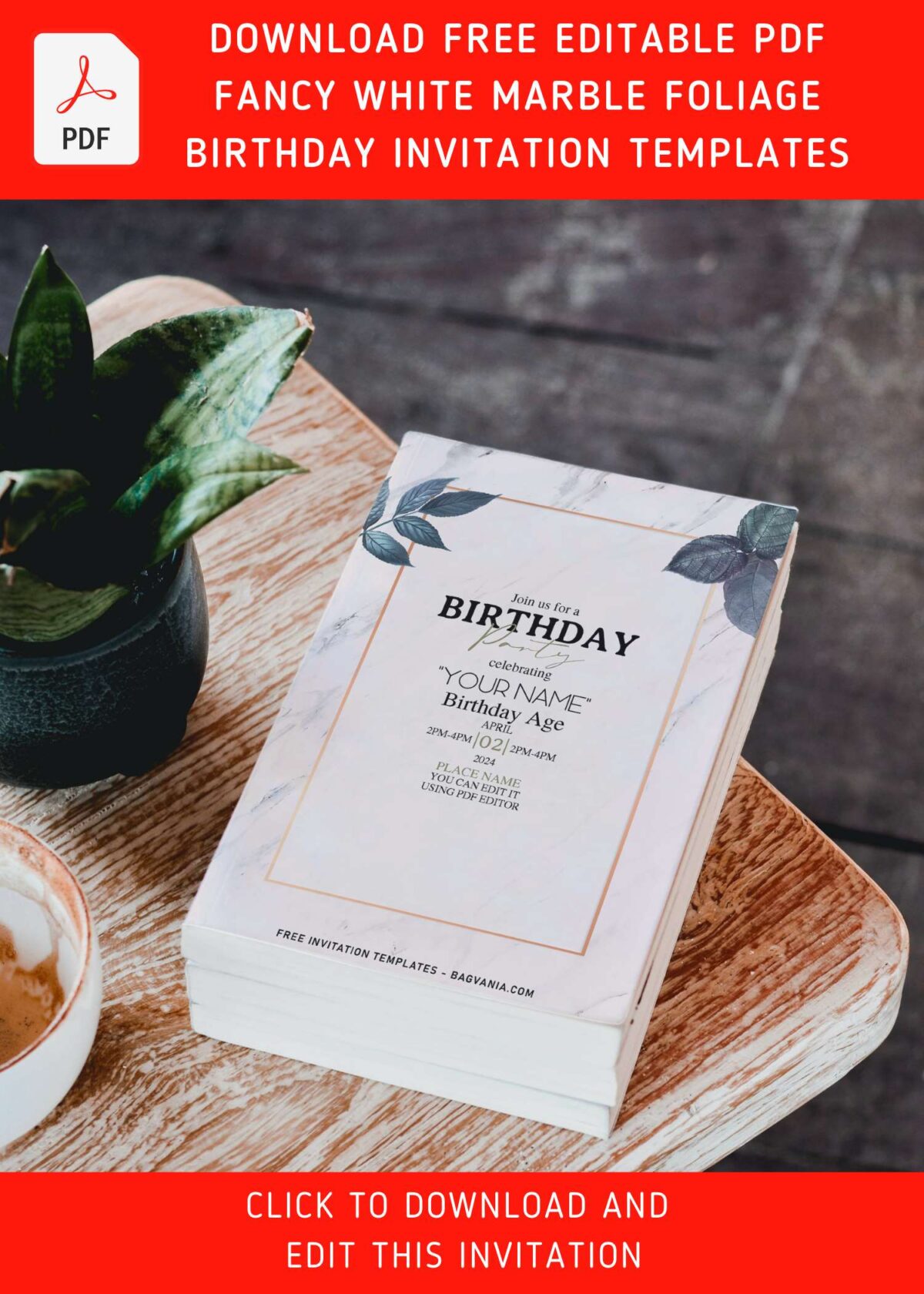 (Free Editable PDF) Splendid White Marble & Foliage Birthday Invitation Templates with 
