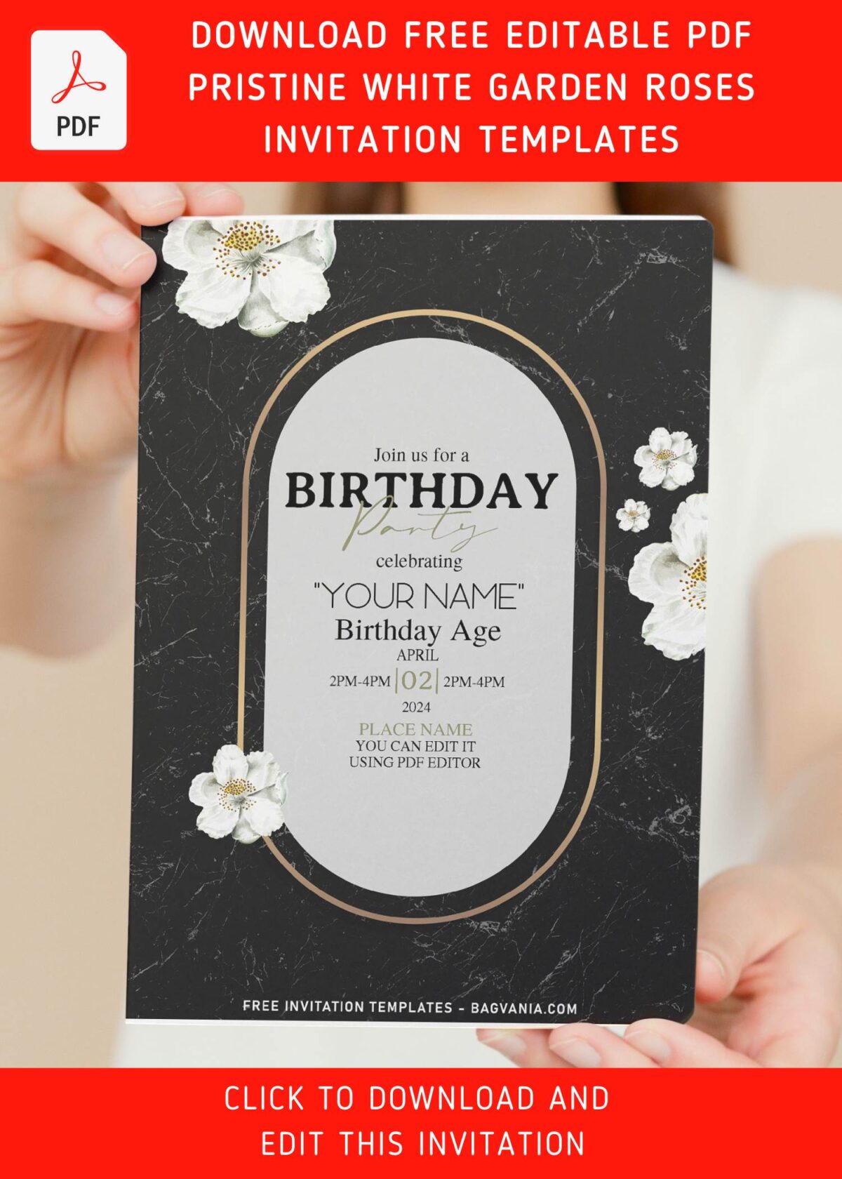 (Free Editable PDF) Pristine White Garden Rose Birthday Invitation Templates with white poppy