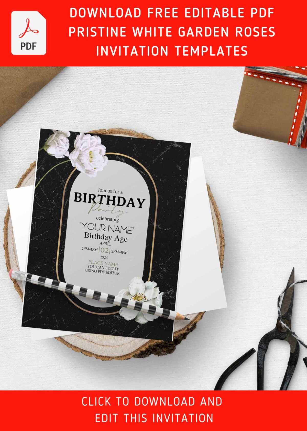 (Free Editable PDF) Pristine White Garden Rose Birthday Invitation Templates with dark slate marble backdrop