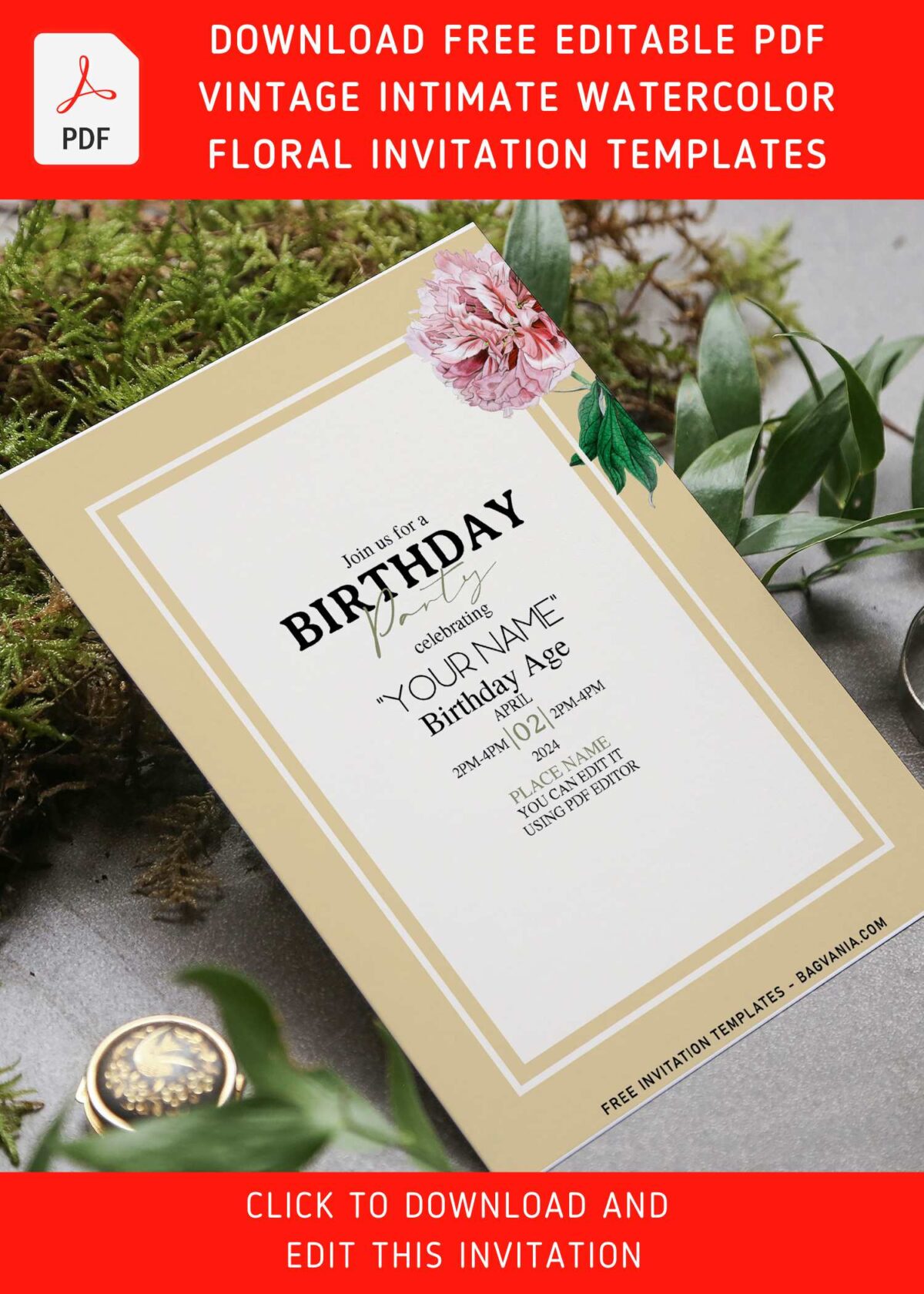 (Free Editable PDF) Intimate Blush Paper Blooms Birthday Invitation Templates with green foliage