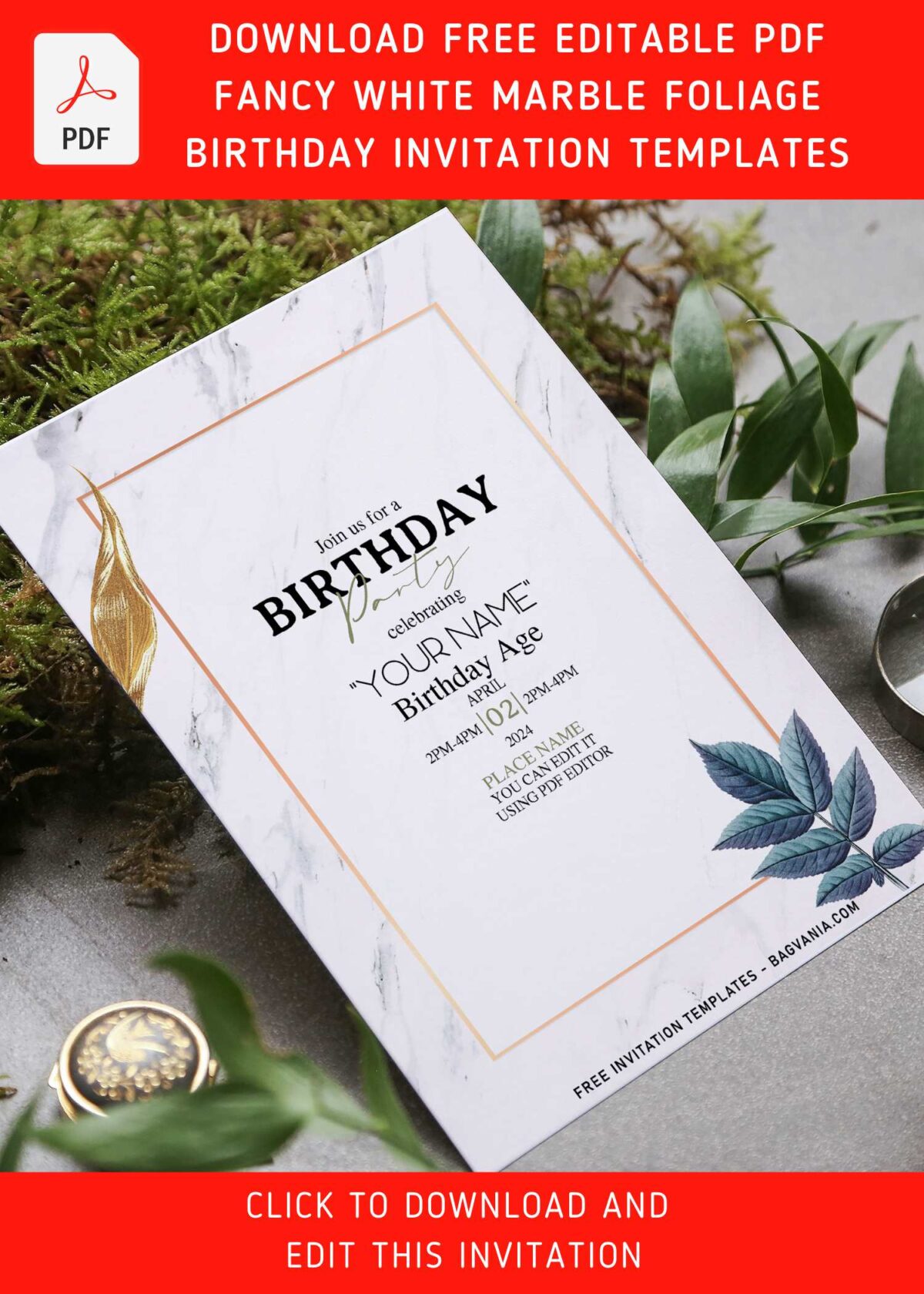 (Free Editable PDF) Splendid White Marble & Foliage Birthday Invitation Templates with modern edgy gold frame