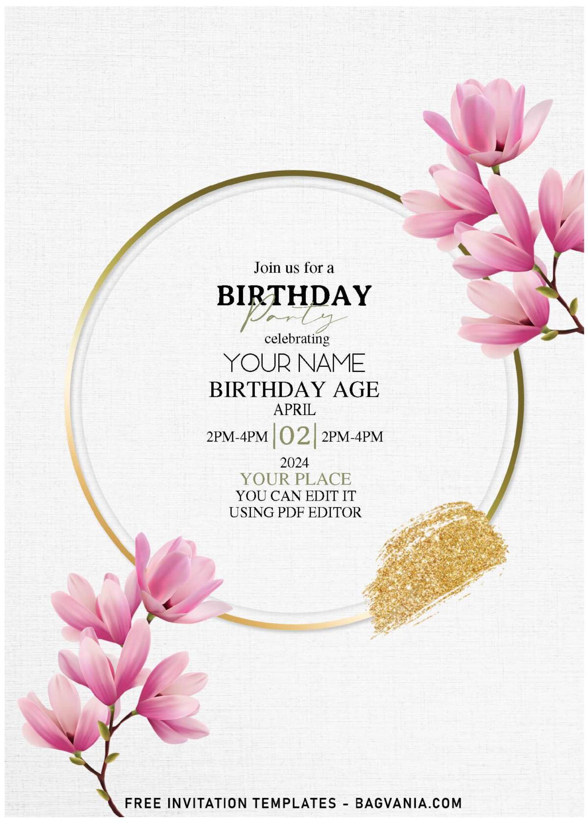 (Free Editable PDF) Enchanting Floral Frame Birthday Invitation Templates with blush pink magnolia flowers