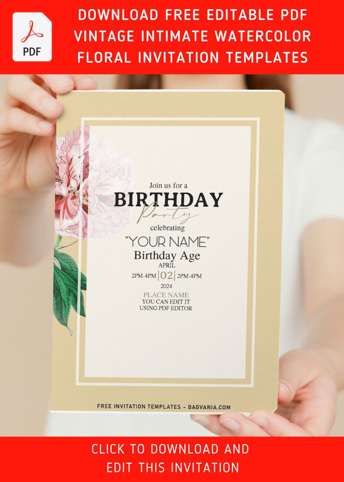 (Free Editable PDF) Intimate Blush Paper Blooms Birthday Invitation Templates with blush pink watercolor ranunculus