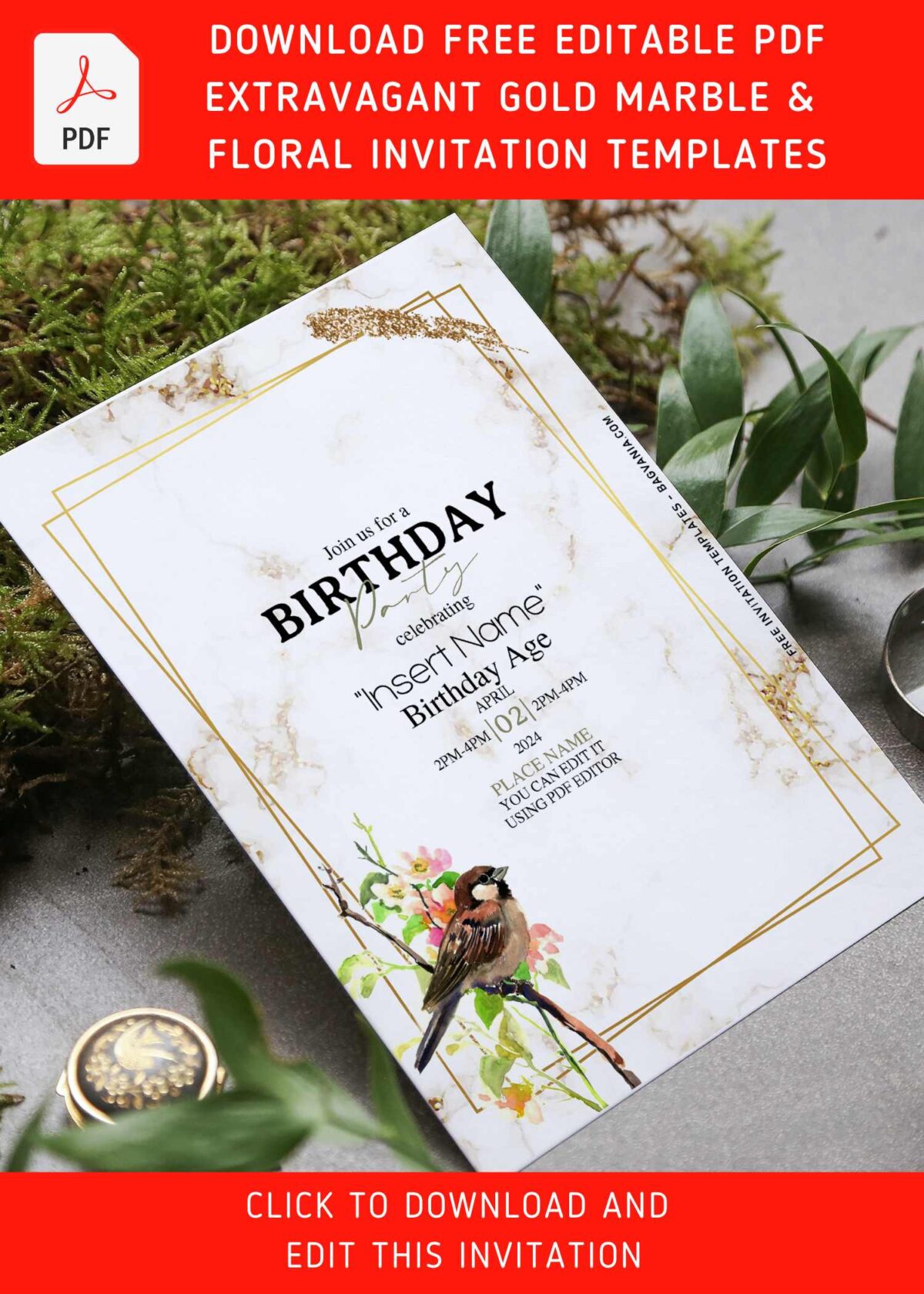 (Free Editable PDF) Charming Floral & Bird On Marble Birthday Invitation Templates with watercolor birds