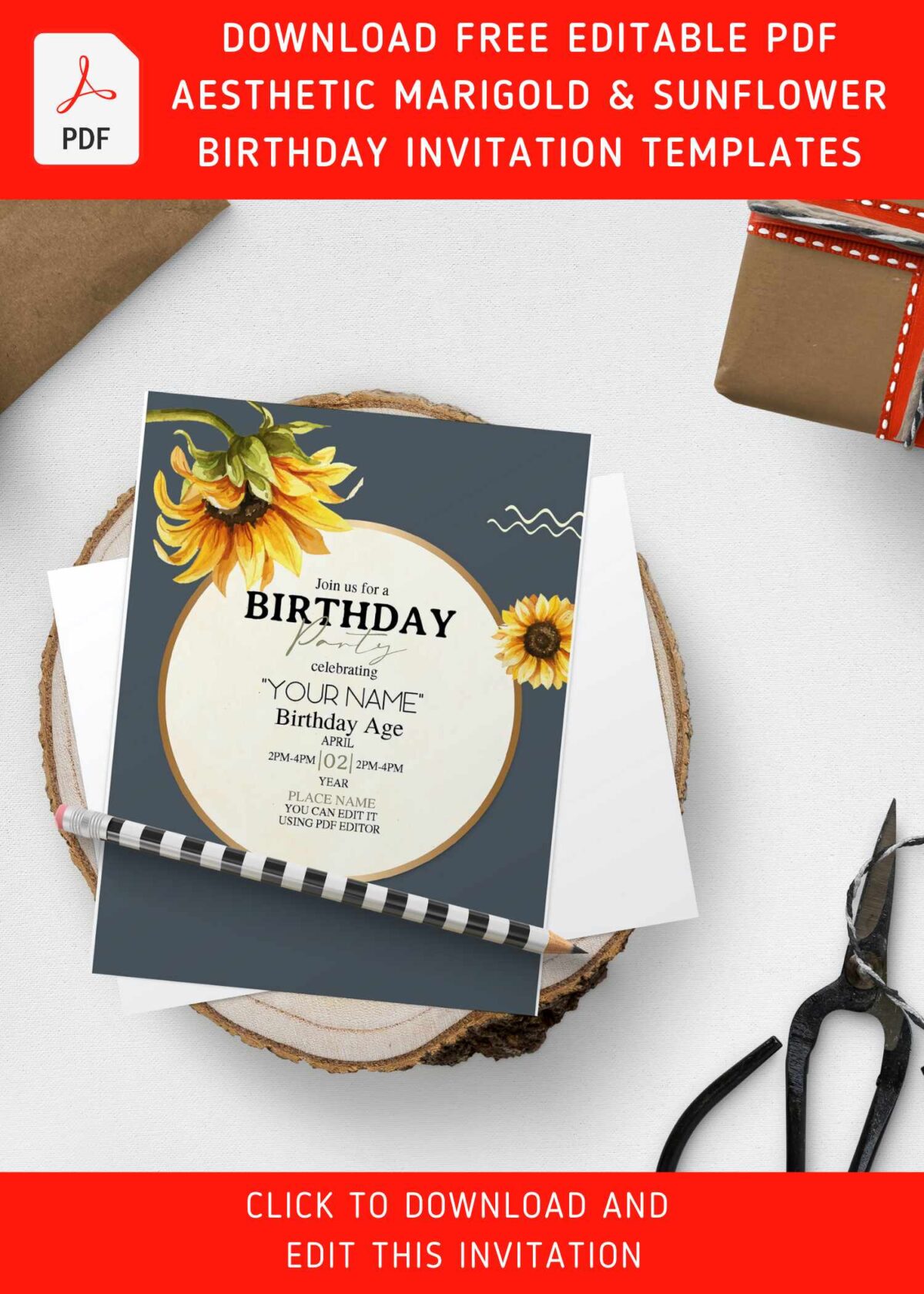 (Free Editable PDF) Aesthetic Marigold & Sunflower Garden Birthday Invitation with elegant asymmetric lines