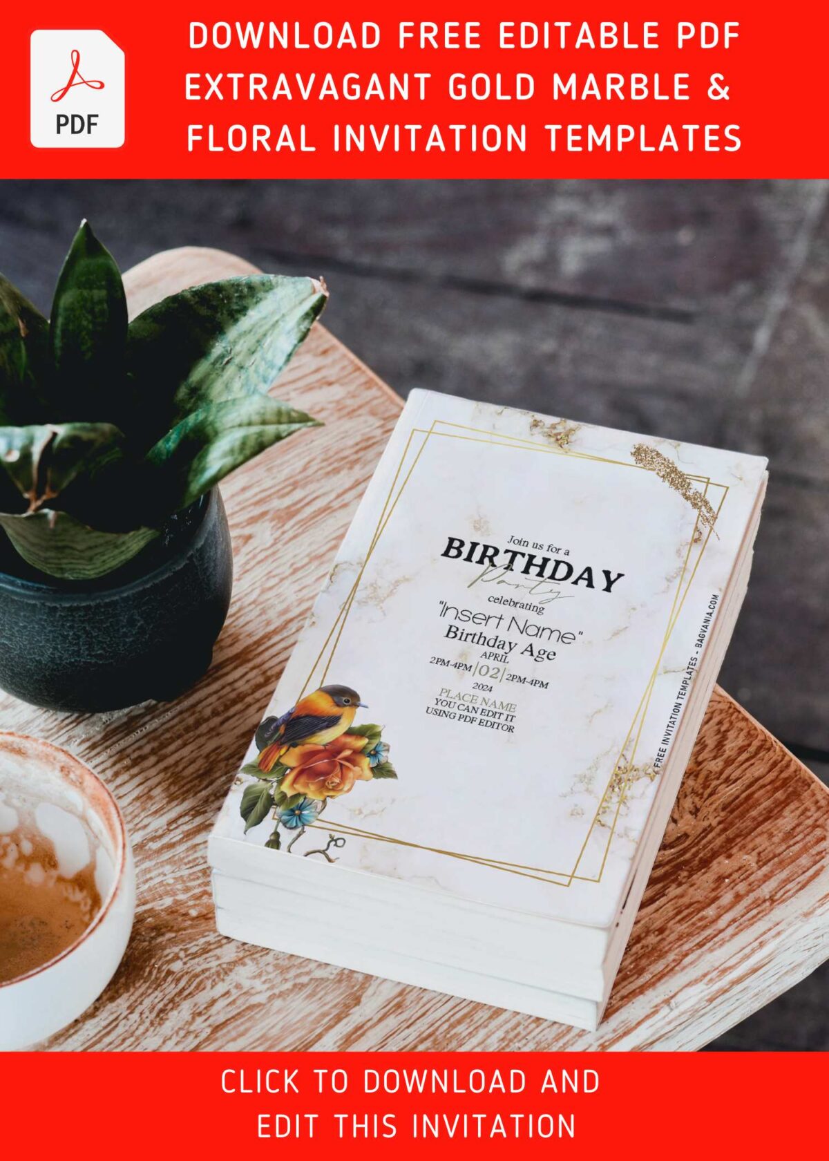 (Free Editable PDF) Charming Floral & Bird On Marble Birthday Invitation Templates with 