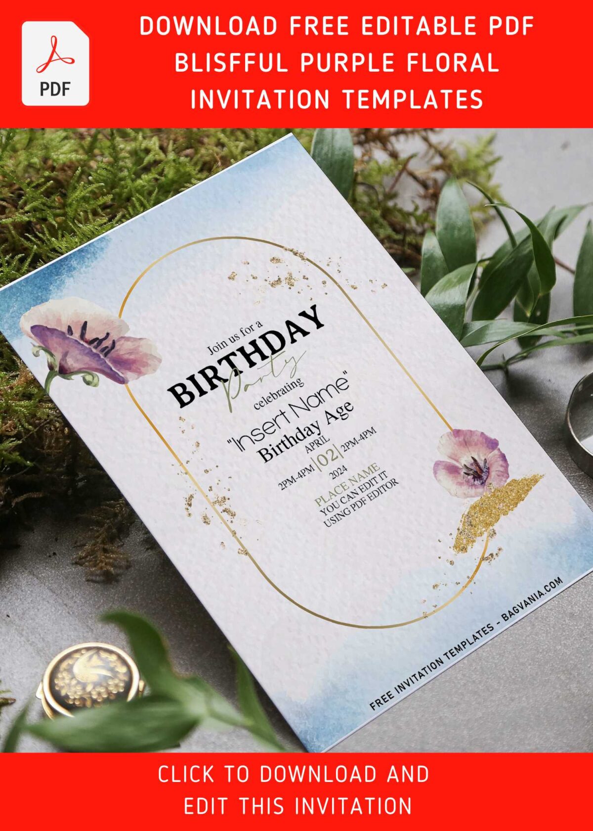 (Free Editable PDF) Lilac Purple Iris And Tulip Birthday Invitation Templates with gorgeous periwinkle