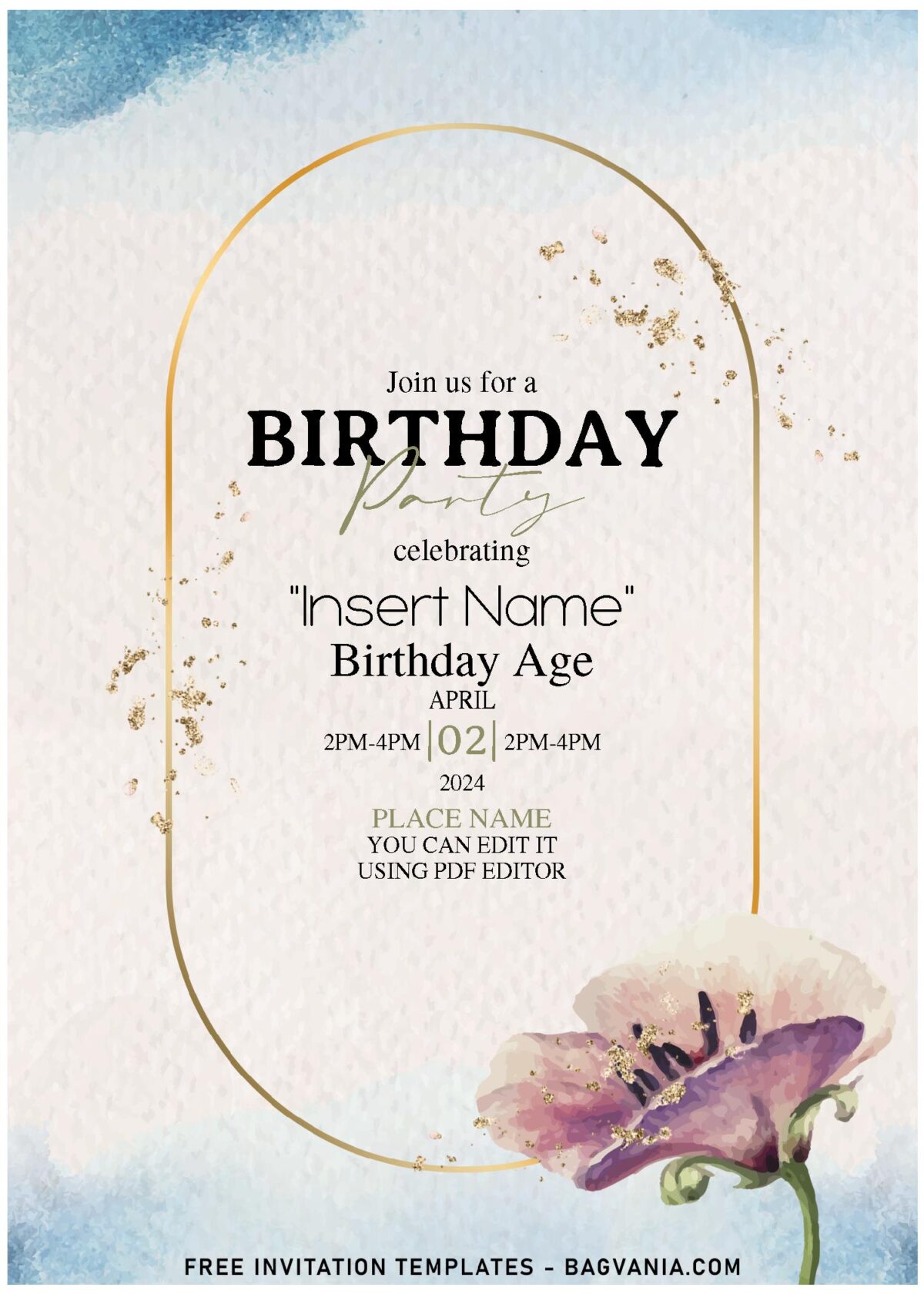 (Free Editable PDF) Lilac Purple Iris And Tulip Birthday Invitation Templates with canvas watercolor background