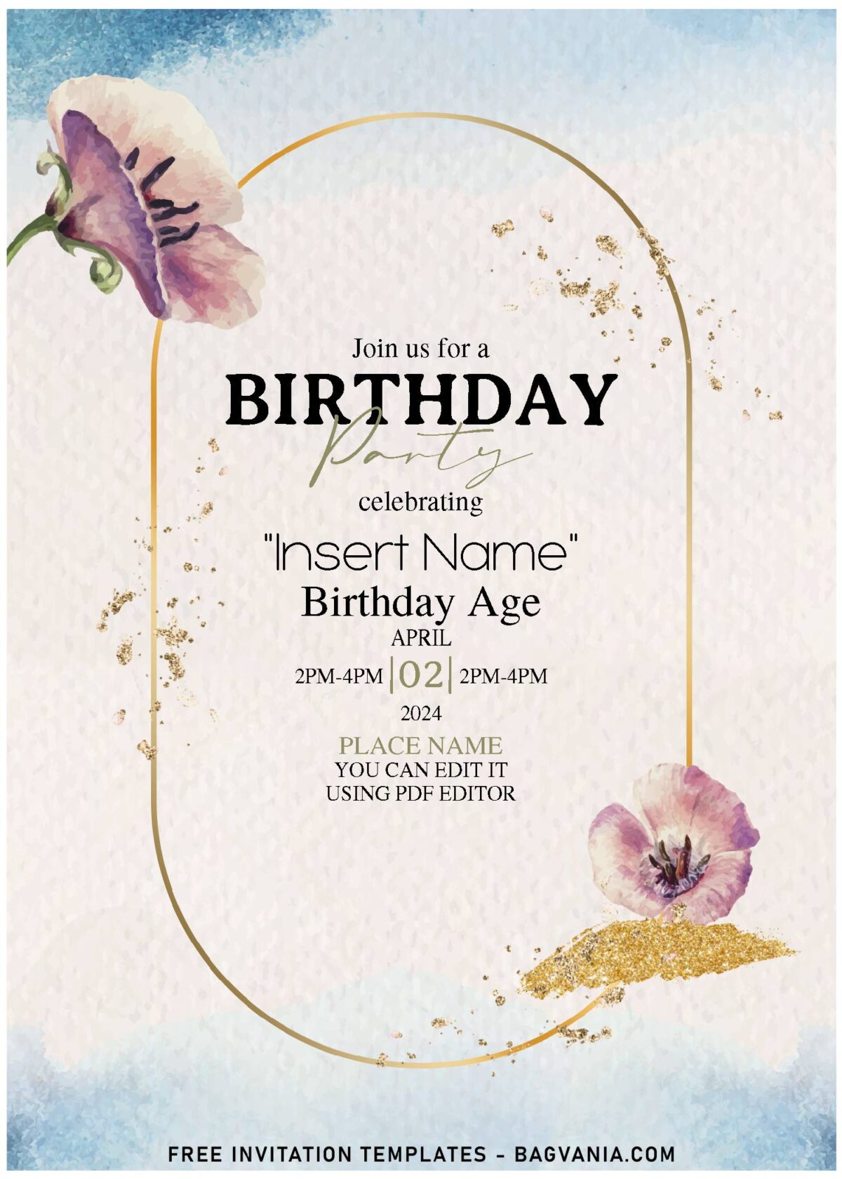 (Free Editable PDF) Lilac Purple Iris And Tulip Birthday Invitation Templates with enchanting gold frame