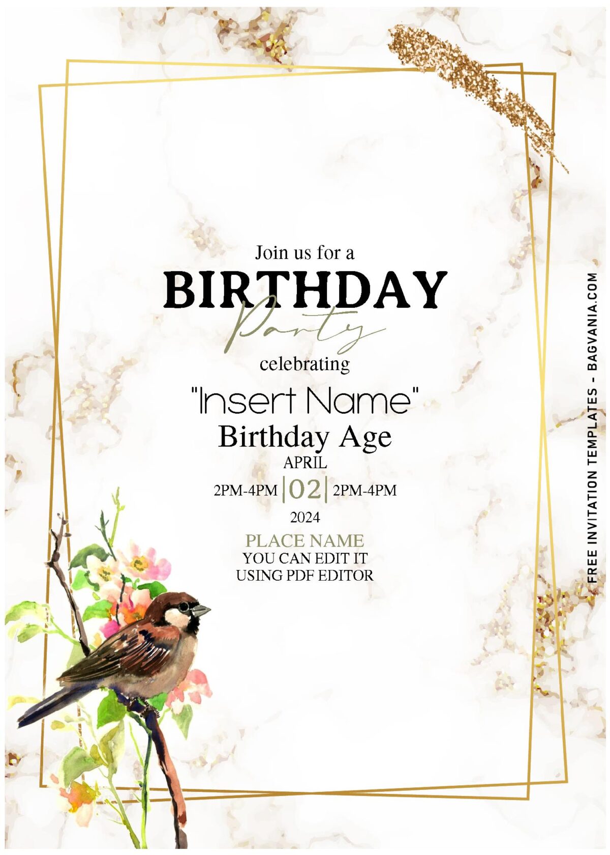 (Free Editable PDF) Charming Floral & Bird On Marble Birthday Invitation Templates with