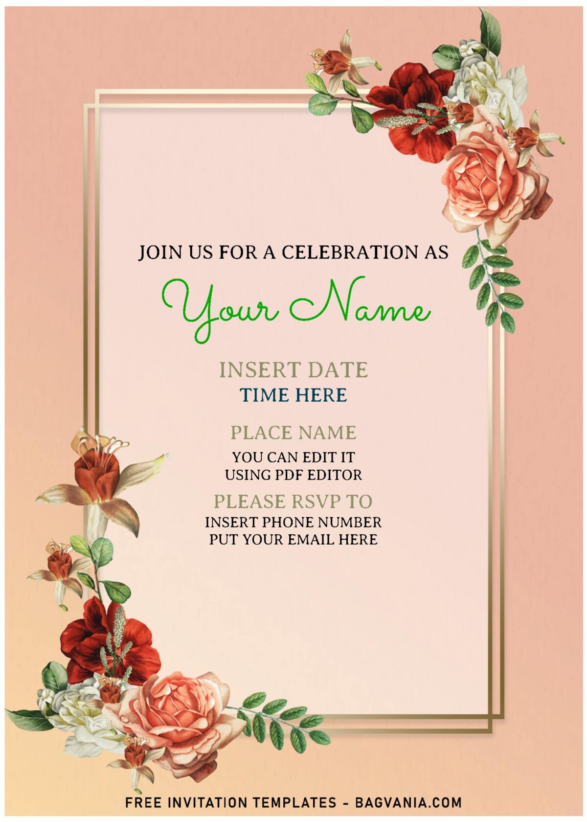 (Free Editable PDF) Rustic Watercolor Rose Birthday Invitation Templates with floral vines