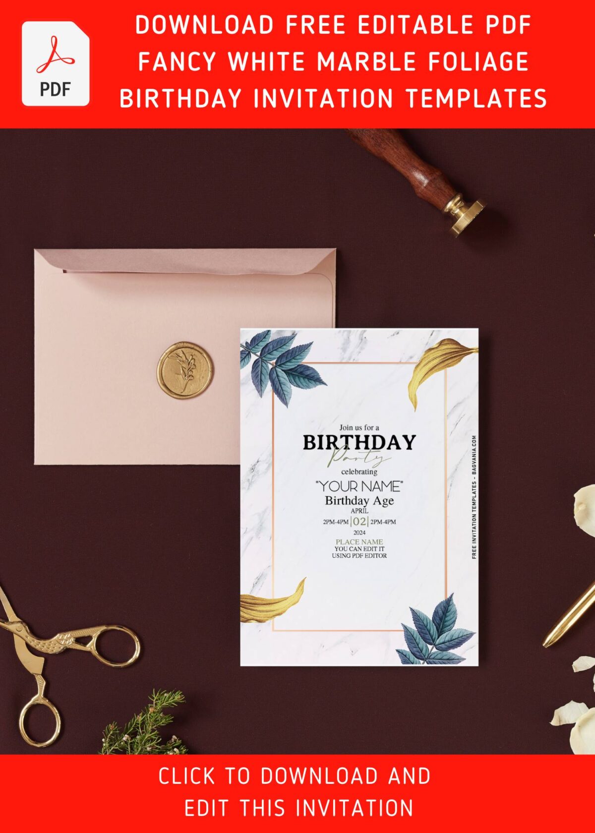 (Free Editable PDF) Splendid White Marble & Foliage Birthday Invitation Templates with elegant script