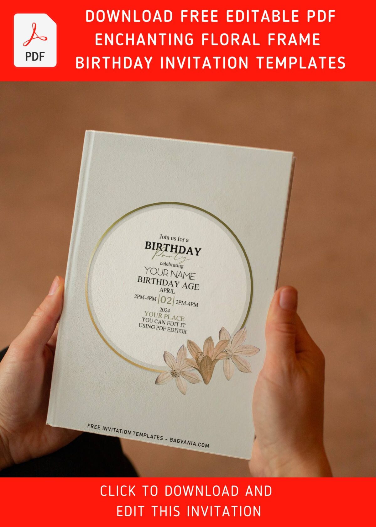 (Free Editable PDF) Attractive Floral Frame Birthday Invitation Templates with stunning gold round-shaped text frame