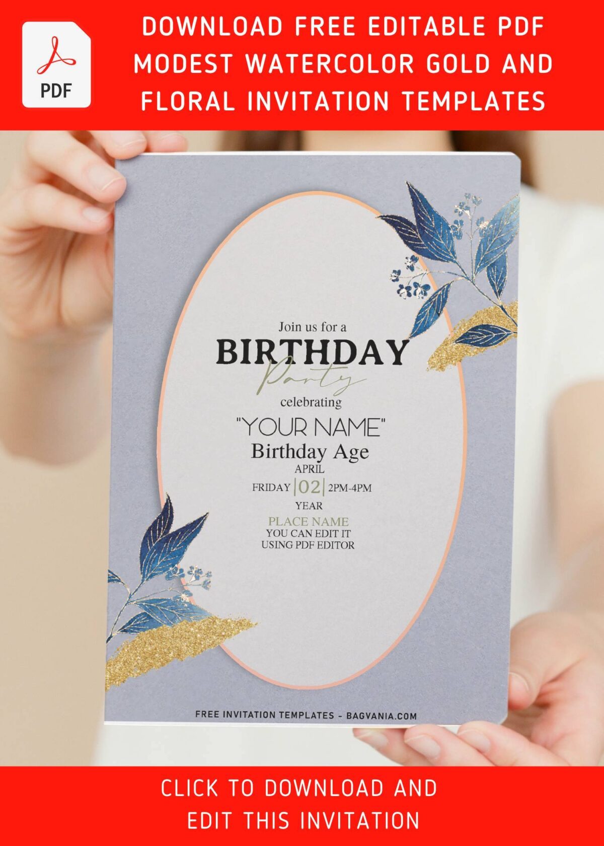 (Free Editable PDF) Simply Gorgeous Blue Foliage Invitation Templates with stunning gold sparkles