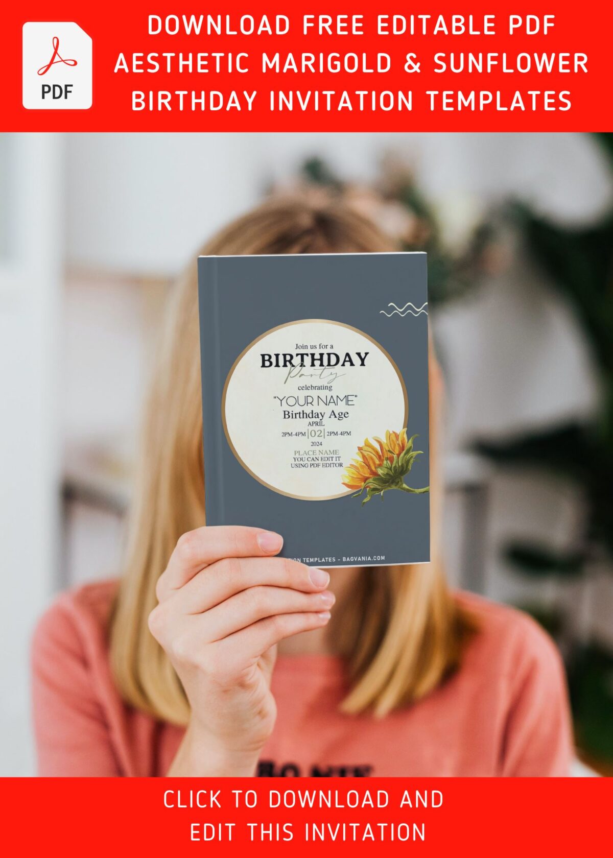 (Free Editable PDF) Aesthetic Marigold & Sunflower Garden Birthday Invitation with grey background