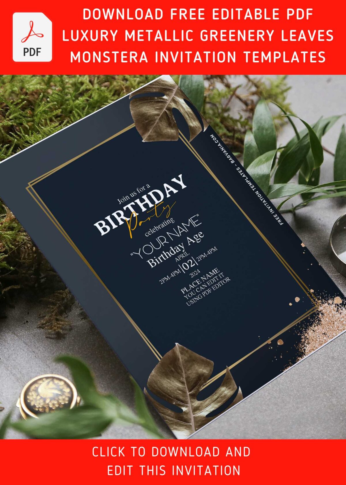 (Free Editable PDF) Majestic Gold Frame And Greenery Invitation Templates with gold geometric text frame