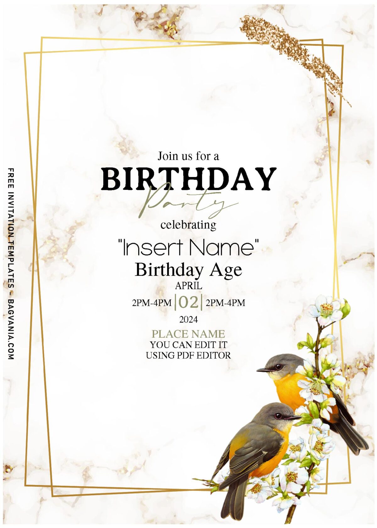 (Free Editable PDF) Charming Floral & Bird On Marble Birthday Invitation Templates with gold marble background