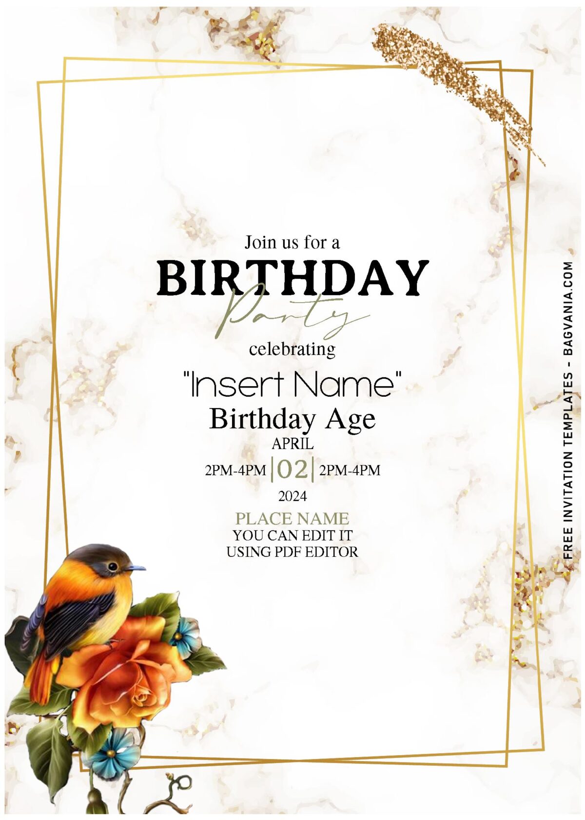 (Free Editable PDF) Charming Floral & Bird On Marble Birthday Invitation Templates with cute cardinal bird