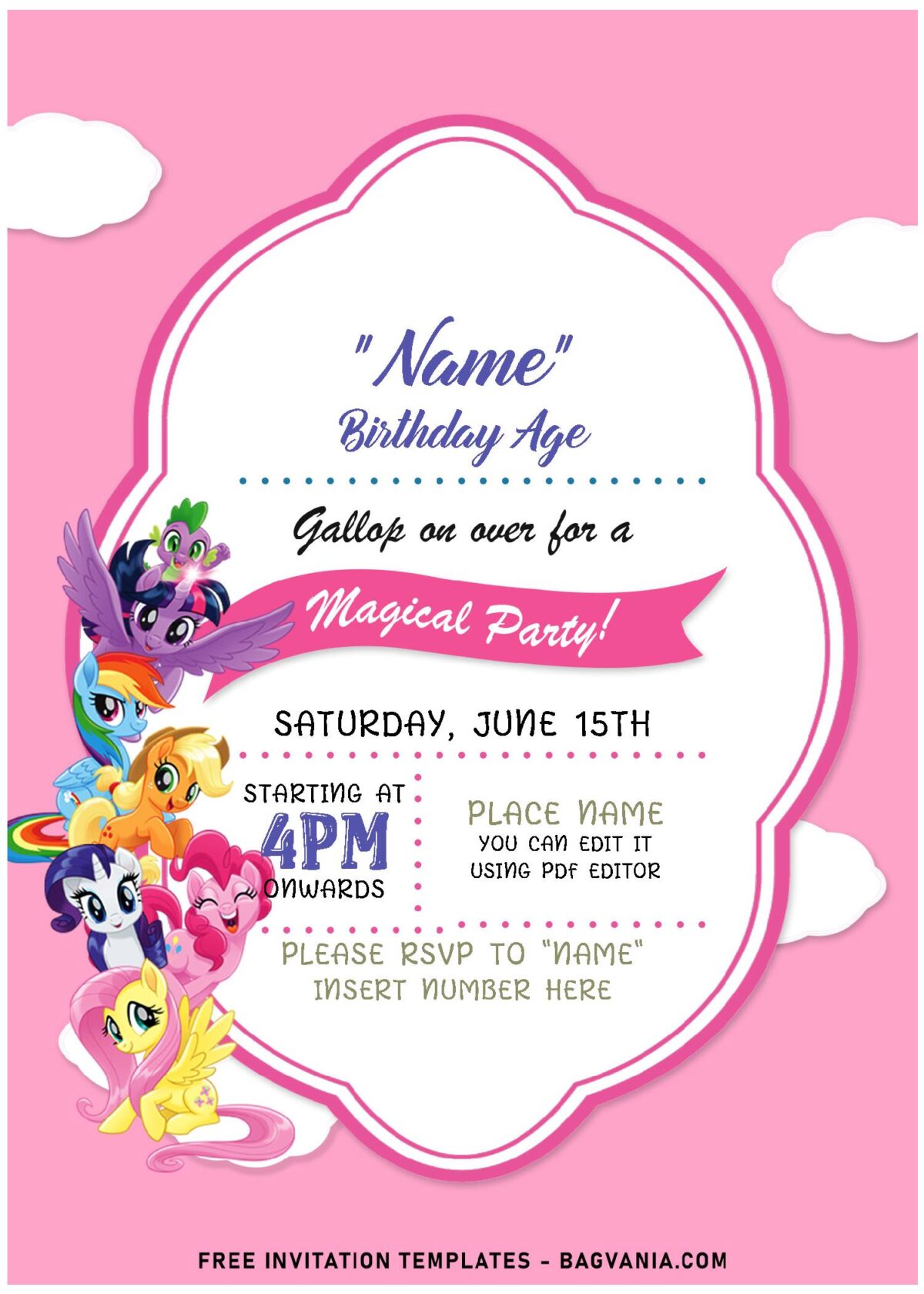 (Free Editable PDF) Lovely Cute My Little Pony Birthday Invitation Templates with cute pink ribbon