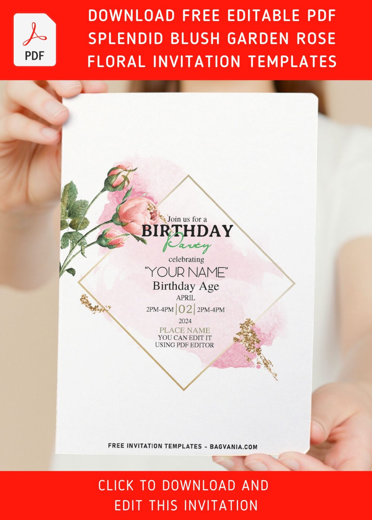 (Free Editable PDF) Splendid Blush Rose Garden Birthday Party Invitation Templates with gorgeous floral frame