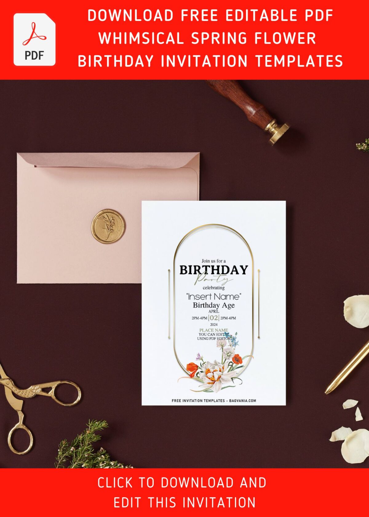 (Free Editable PDF) Whimsical Spring Birthday Invitation Templates with anemone and rose