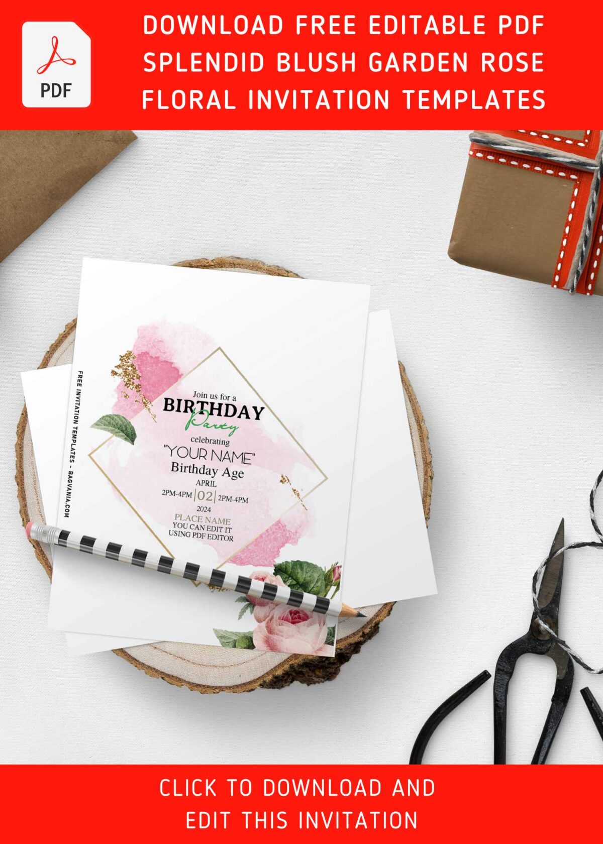 (Free Editable PDF) Splendid Blush Rose Garden Birthday Party Invitation Templates with aesthetic watercolor roses