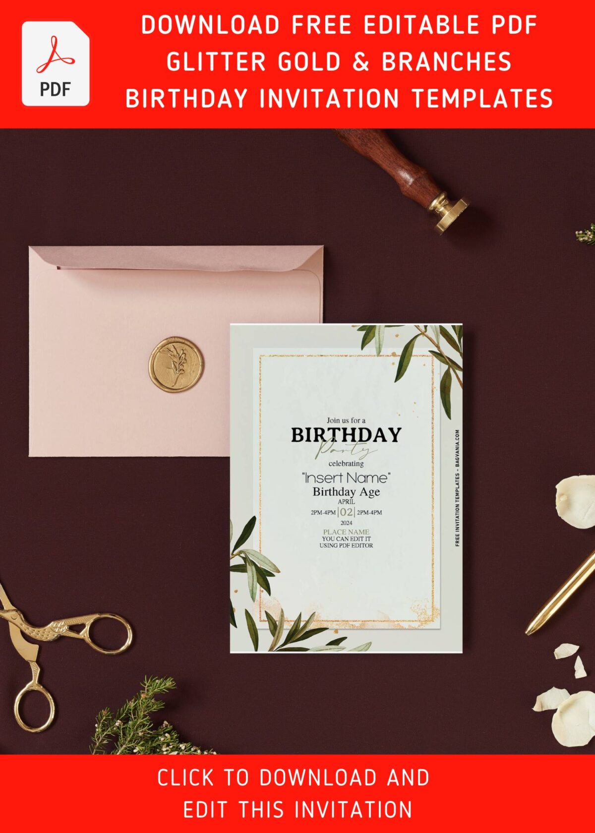 (Free Editable PDF) Glitter Gold Frame & Branches Birthday Invitation Templates with portrait orientation design