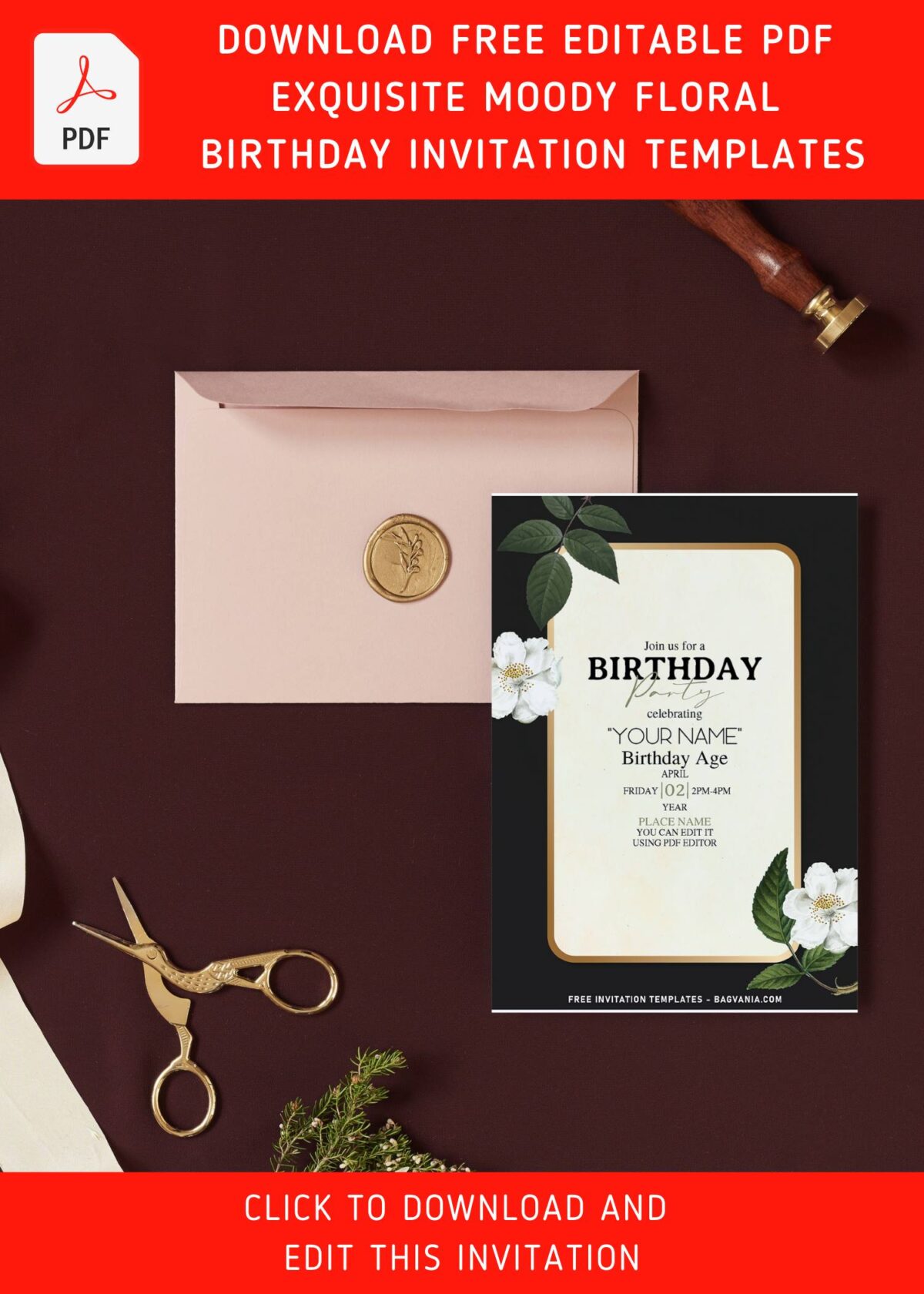 (Free Editable PDF) Stylish & Captivating Moody Floral Birthday Invitation Templates with aesthetic leaves