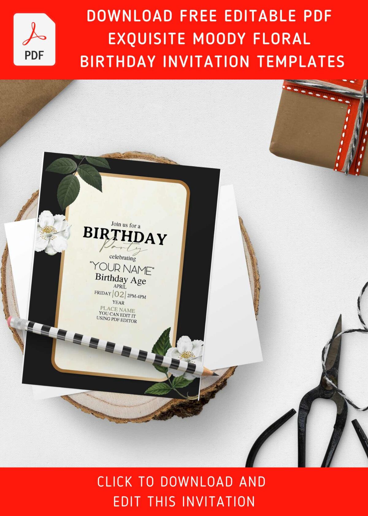 (Free Editable PDF) Stylish & Captivating Moody Floral Birthday Invitation Templates with watercolor white jasmine