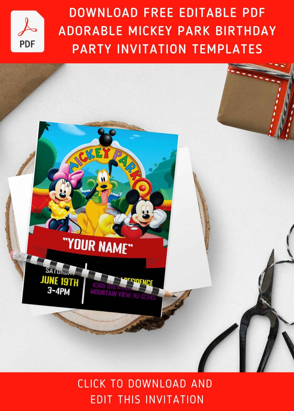 (Free Editable PDF) Adorable Mickey Park Birthday Invitation Templates with editable text