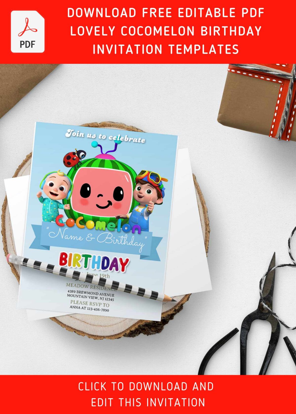 (Free Editable PDF) Bright & Cheerful Cocomelon Birthday Invitation Templates with bright cloud background