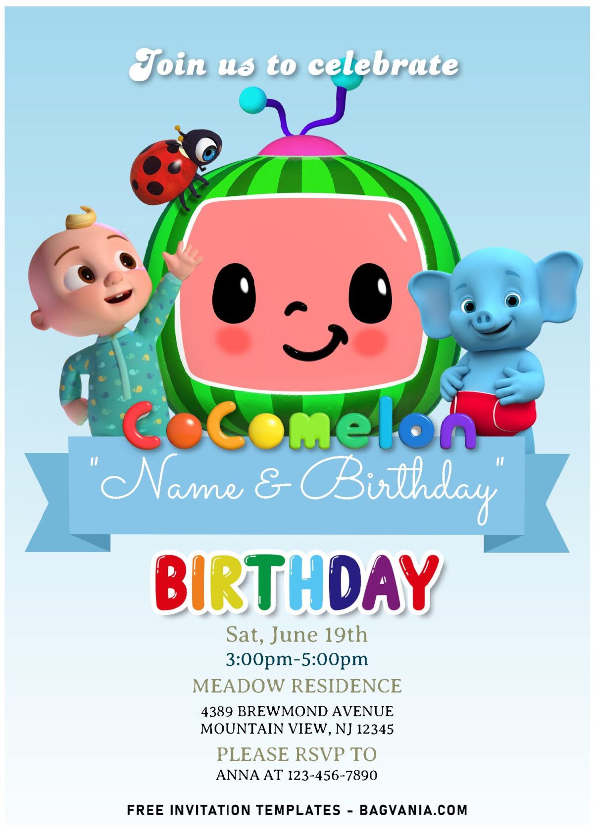 (Free Editable PDF) Bright & Cheerful Cocomelon Birthday Invitation Templates with cute baby elephant