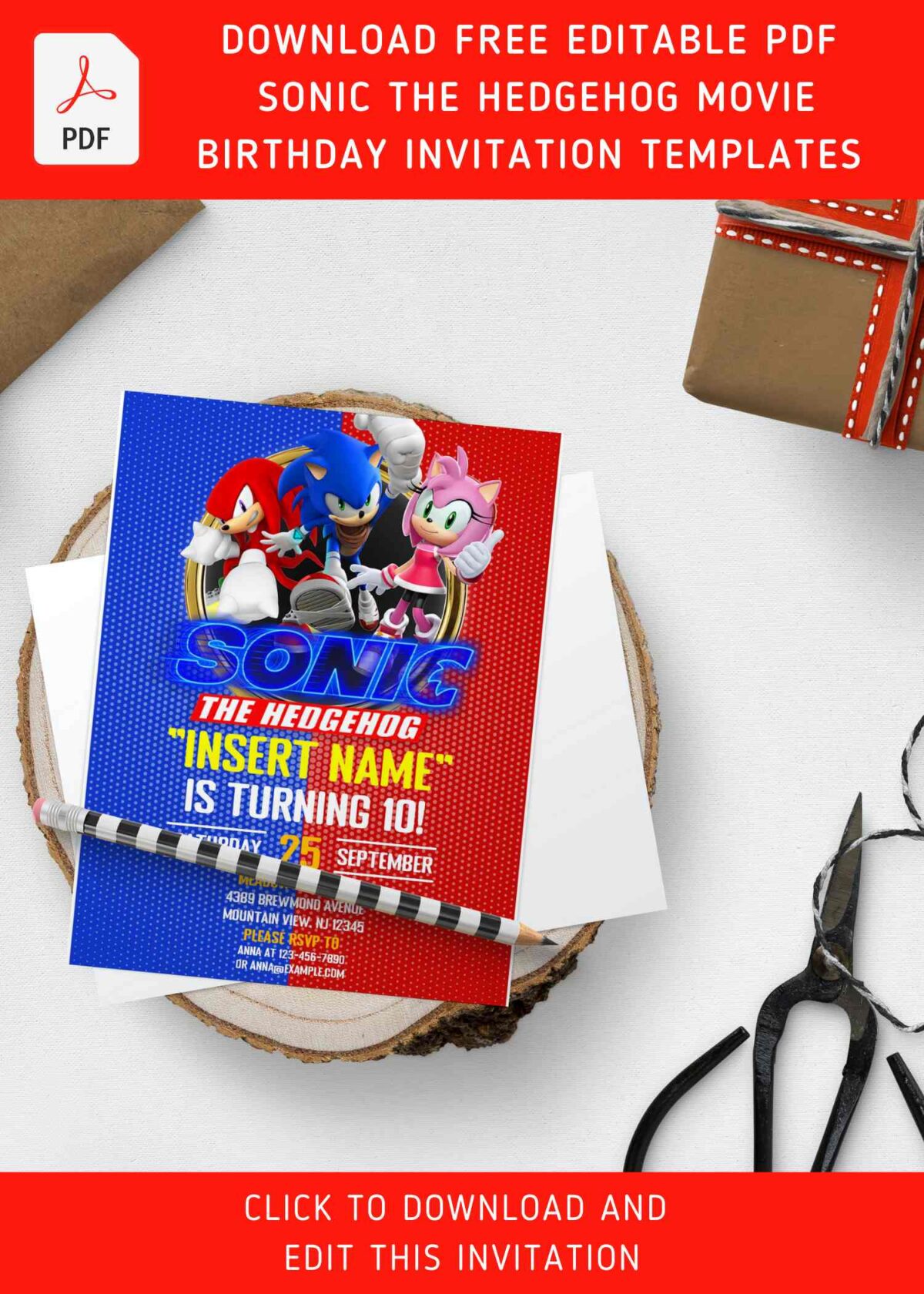 (Free Editable PDF) Sonic The Hedgehog Movie Themed Birthday Invitation Templates with Rouge the Bat