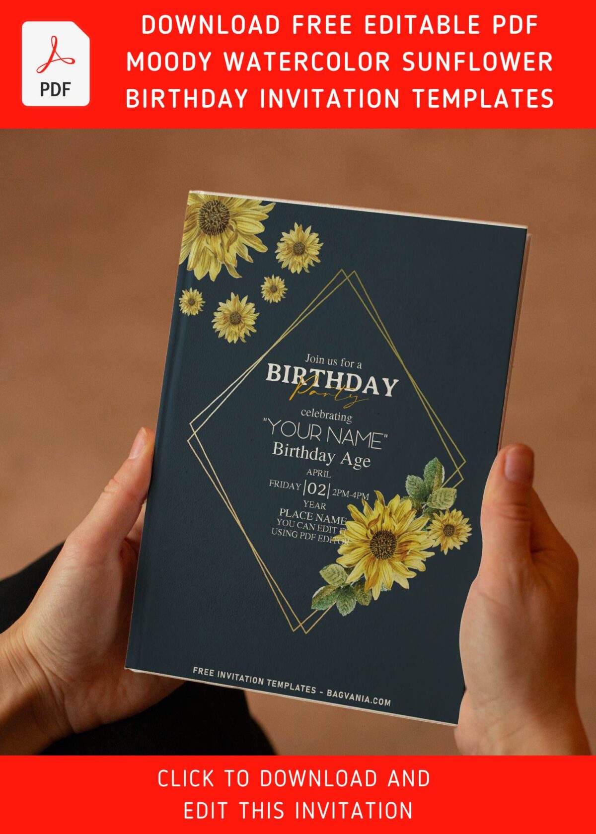 (Free Editable PDF) Moody Warm Summer Sunflower Invitation Templates with elegant scripts