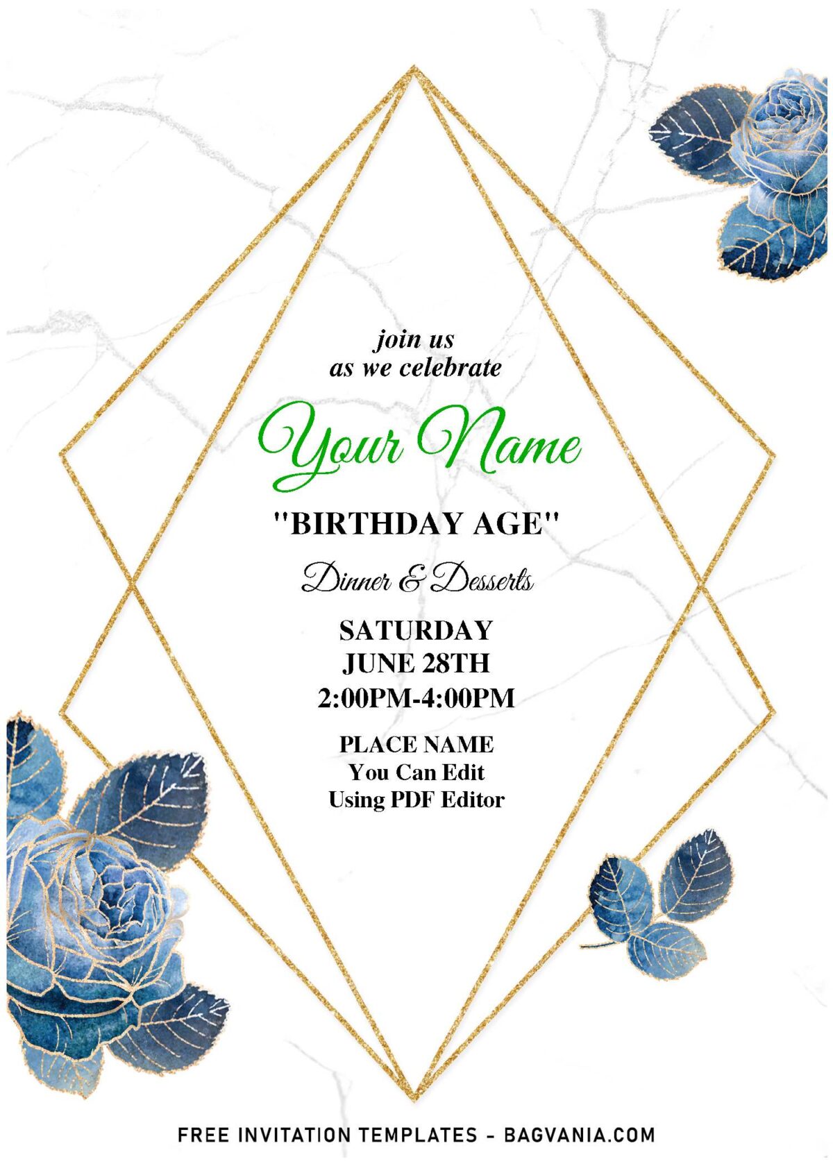 (Free Editable PDF) Stunning Blue And Gold Flowers Birthday Invitation Templates