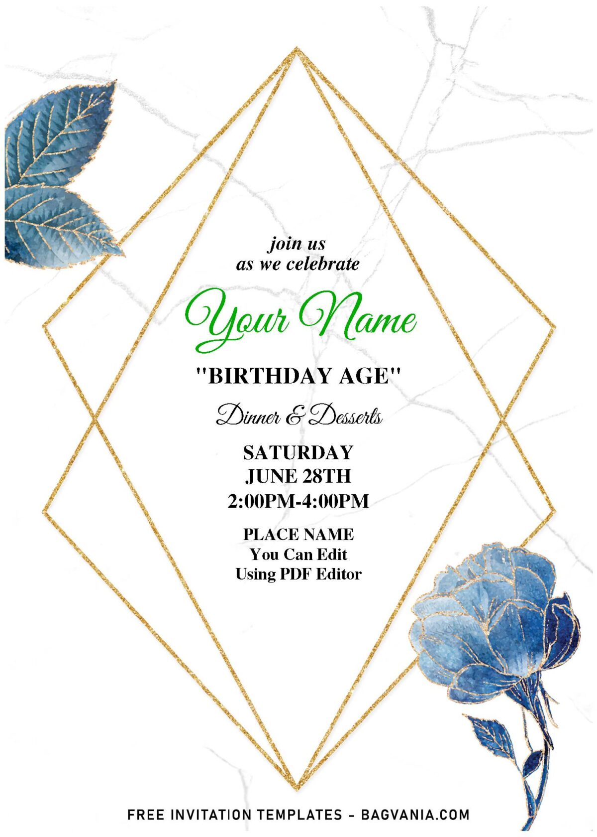 (Free Editable PDF) Stunning Blue And Gold Flowers Birthday Invitation Templates with gold geometric frame