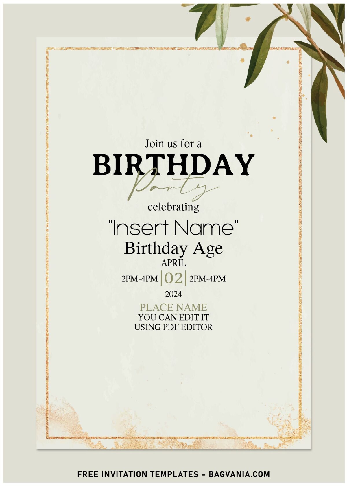(Free Editable PDF) Glitter Gold Frame & Branches Birthday Invitation Templates with greenery leaves