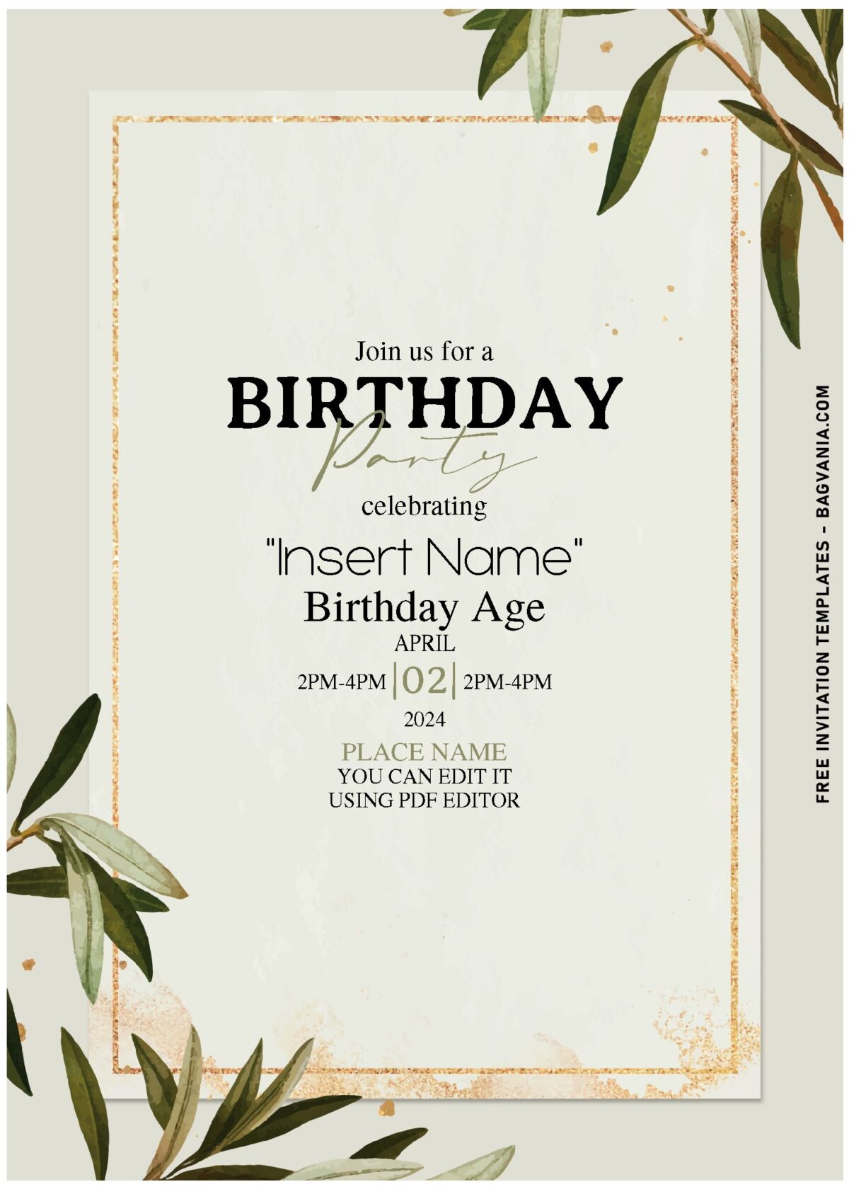 (Free Editable PDF) Glitter Gold Frame & Branches Birthday Invitation Templates with rustic background