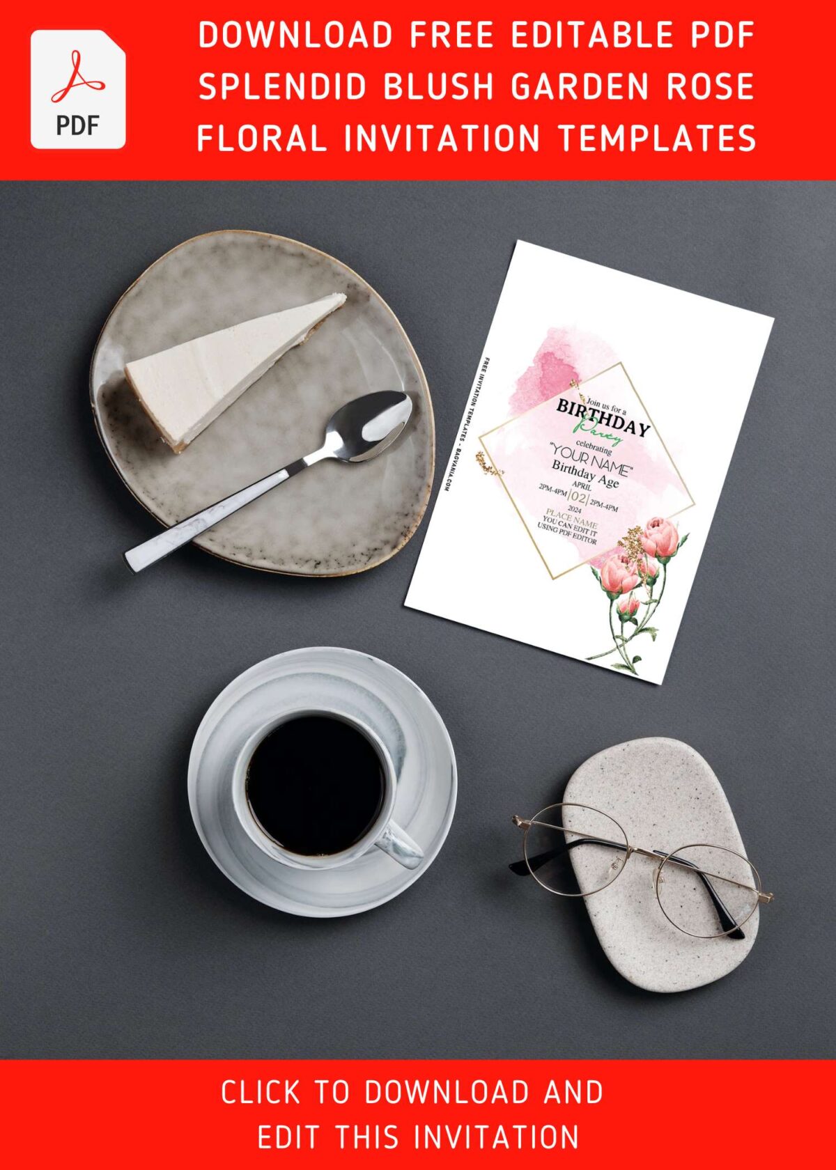 (Free Editable PDF) Splendid Blush Rose Garden Birthday Party Invitation Templates with gold rhombus shaped text frame