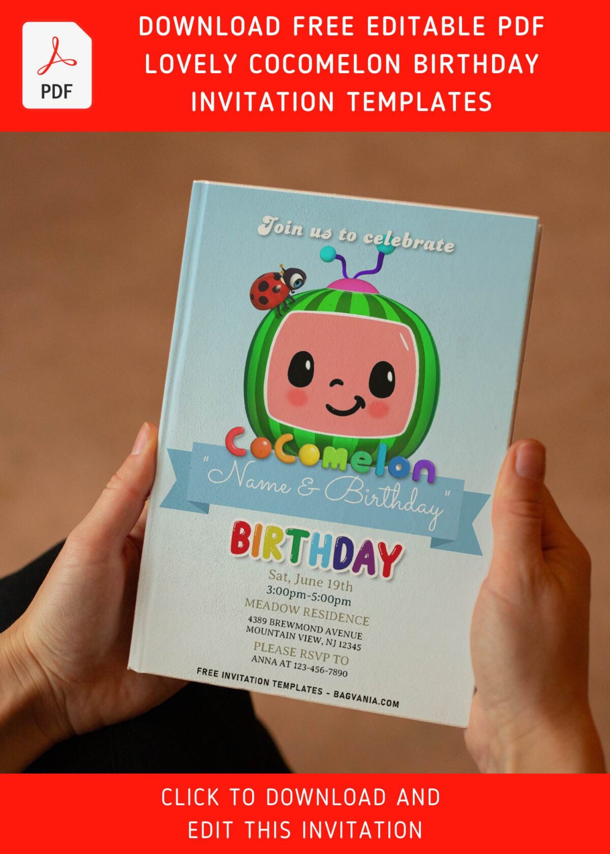 (Free Editable PDF) Bright & Cheerful Cocomelon Birthday Invitation Templates with adorable script
