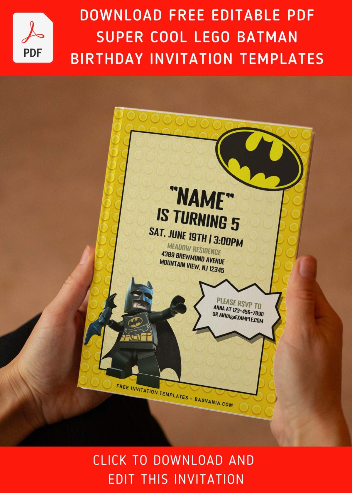 (Free Editable PDF) Super Cool Lego Batman Birthday Invitation Templates with adorable script