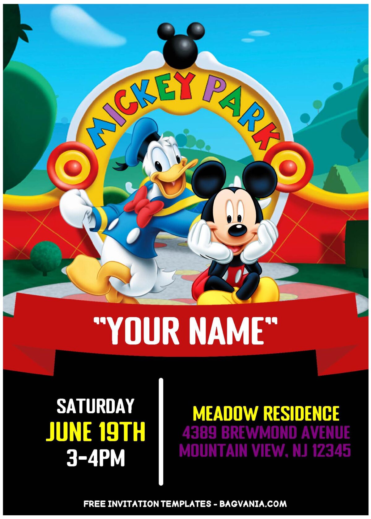 (Free Editable PDF) Adorable Mickey Park Birthday Invitation Templates with Donald duck and Mickey Mouse