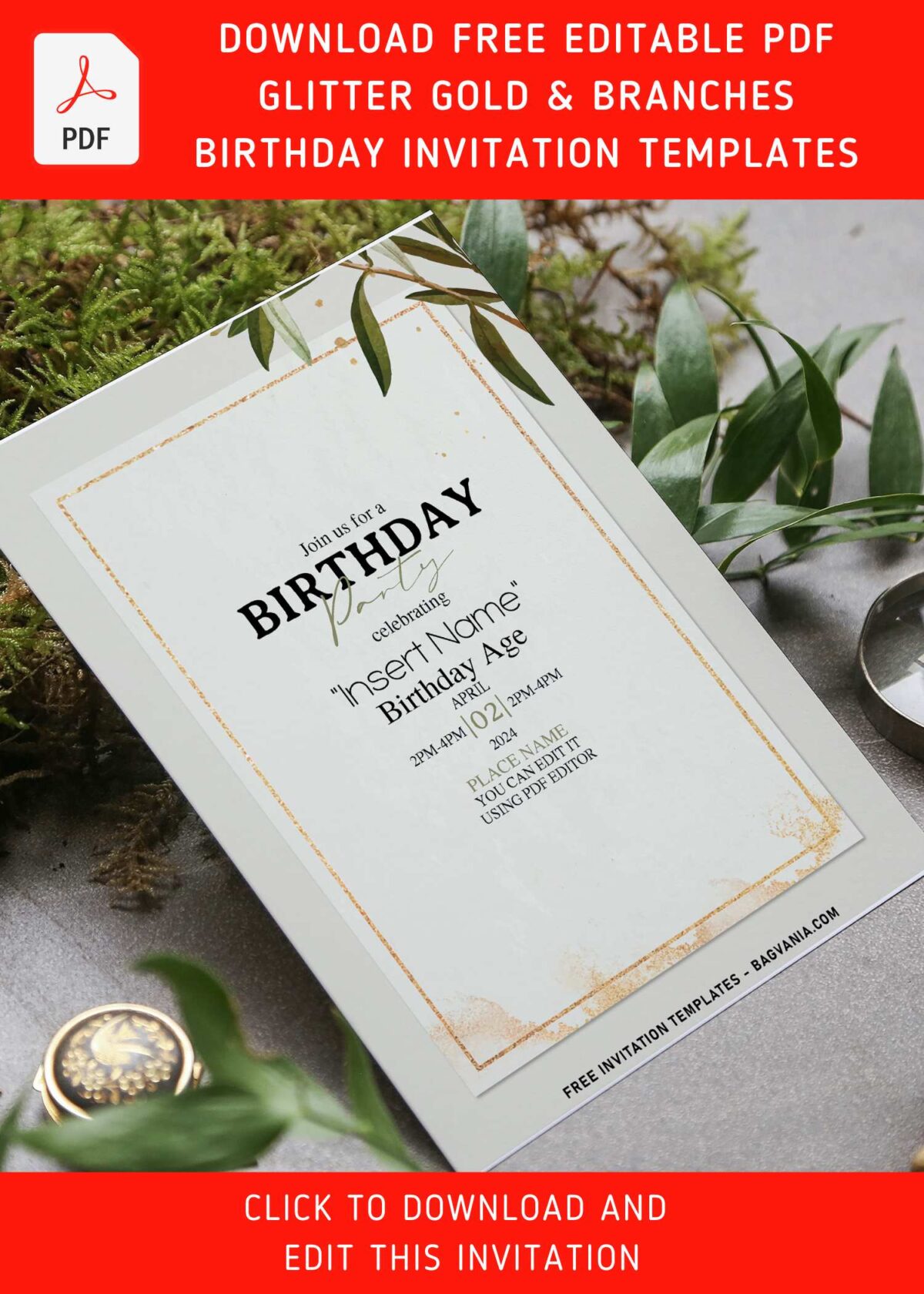 (Free Editable PDF) Glitter Gold Frame & Branches Birthday Invitation Templates with watercolor willow vines