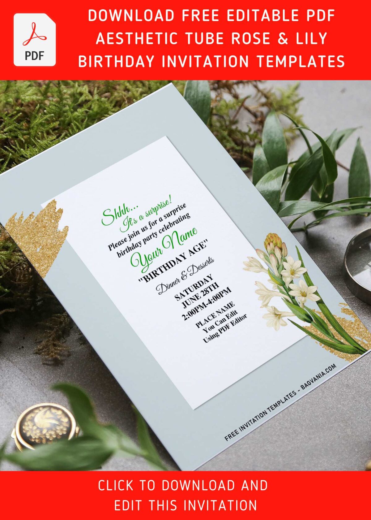 (Free Editable PDF) Glimmering Gold Glitters And Tuberose Floral Invitation Templates with watercolor tuberose floral decoration