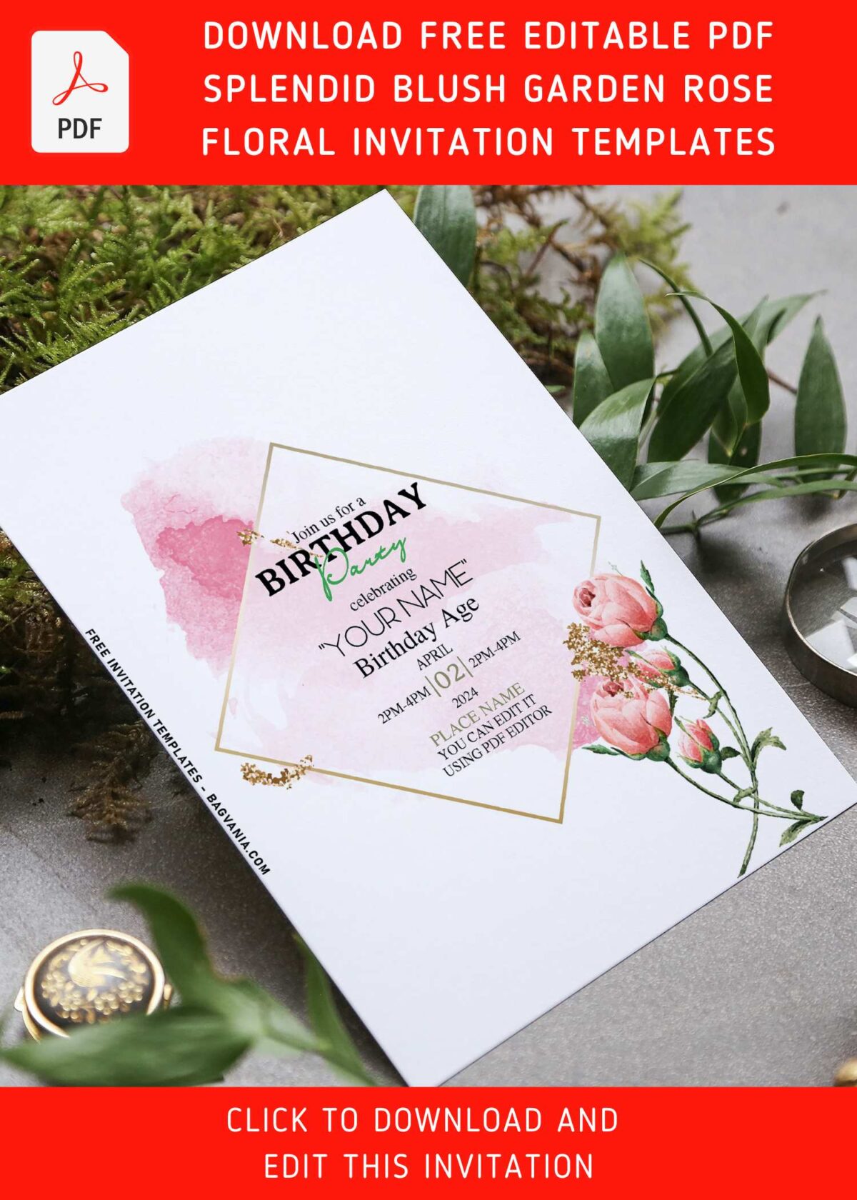 (Free Editable PDF) Splendid Blush Rose Garden Birthday Party Invitation Templates with editable text