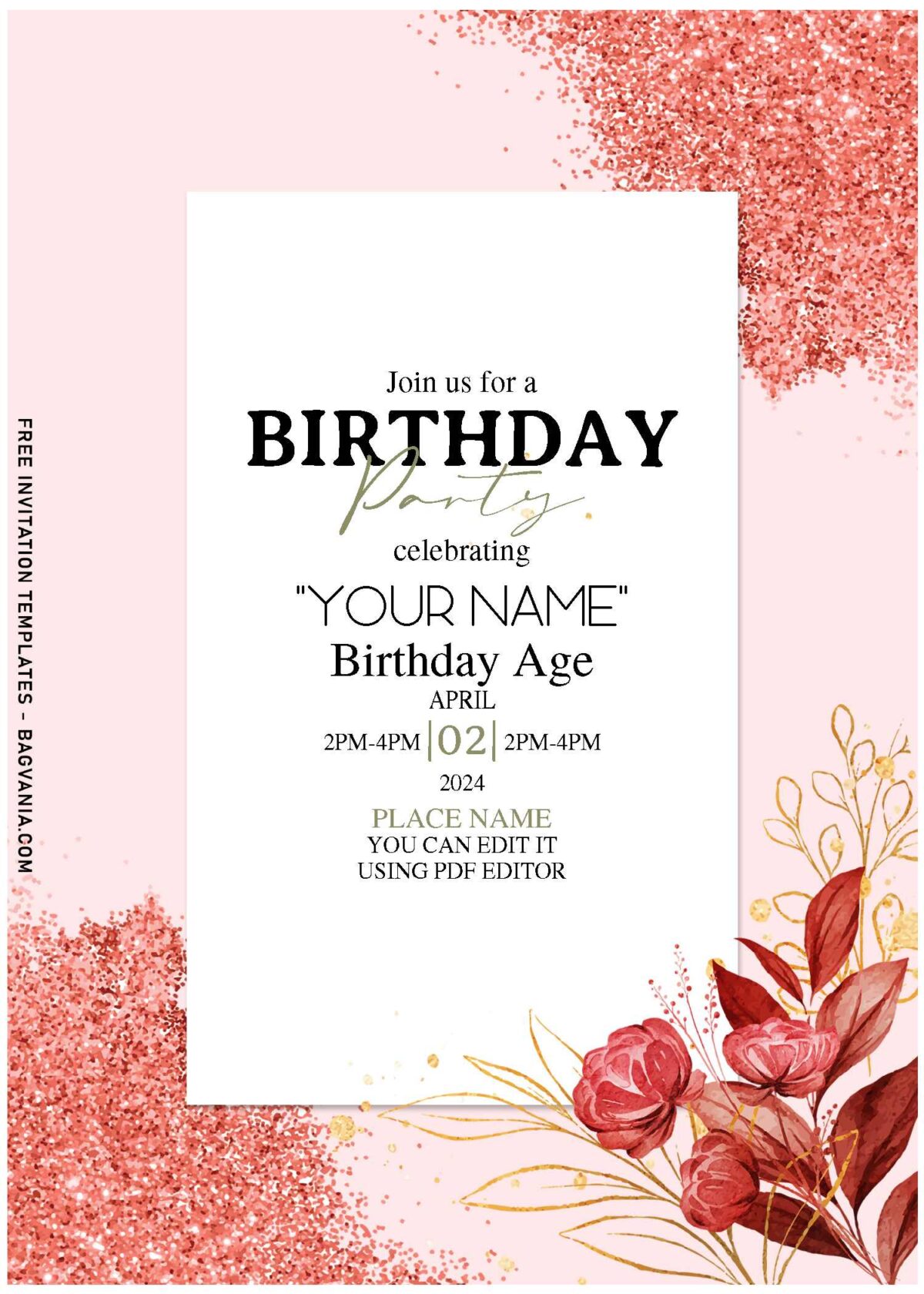(Free Editable PDF) Splendid Glitter Floral Romance Invitation Templates with elegant scripit