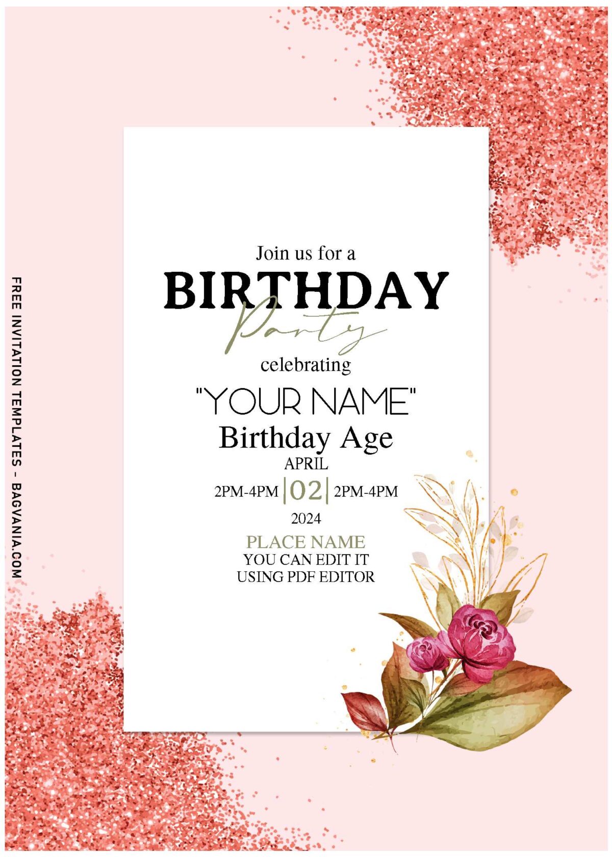 (Free Editable PDF) Splendid Glitter Floral Romance Invitation Templates with pink glitter border