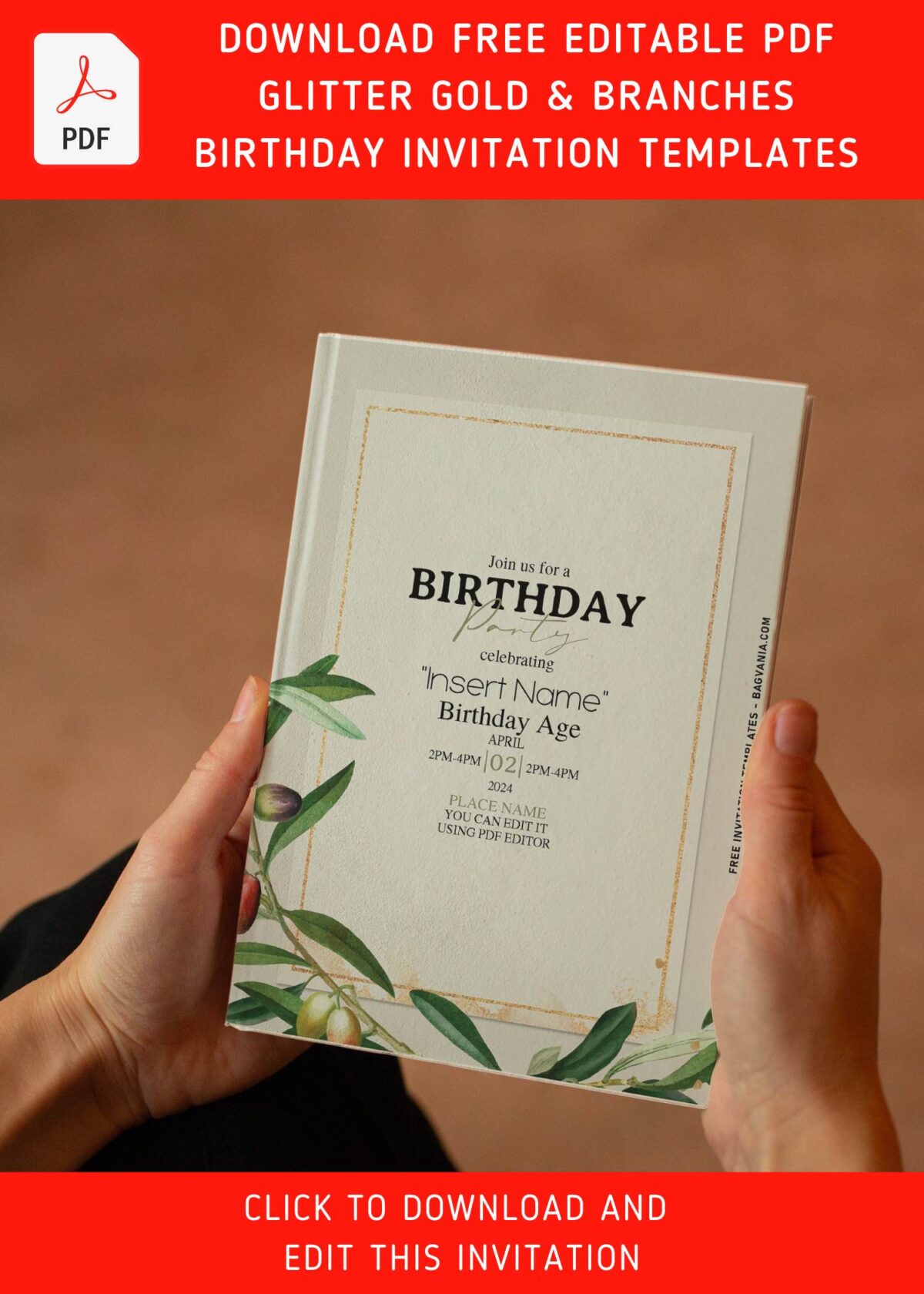 (Free Editable PDF) Glitter Gold Frame & Branches Birthday Invitation Templates with greenery vines