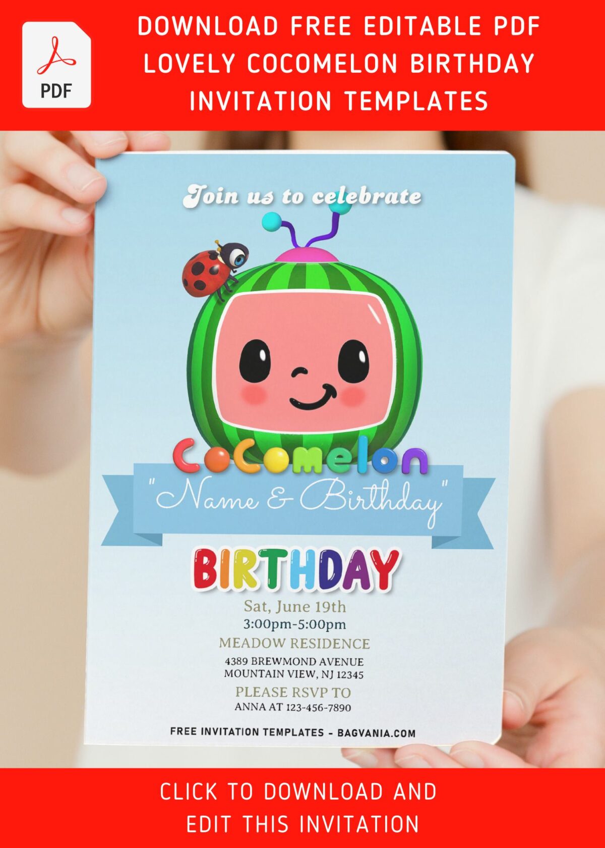 (Free Editable PDF) Bright & Cheerful Cocomelon Birthday Invitation Templates with colorful text