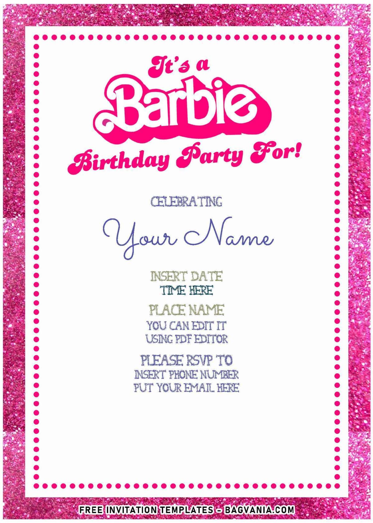 (Free Editable PDF) Cute Glitter Pink Barbie Girls Birthday Invitation Templates with editable text